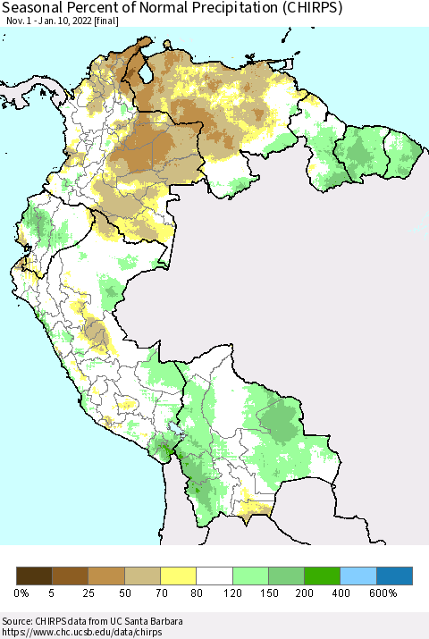 Northern South America Seasonal Percent of Normal Precipitation (CHIRPS) Thematic Map For 11/1/2021 - 1/10/2022