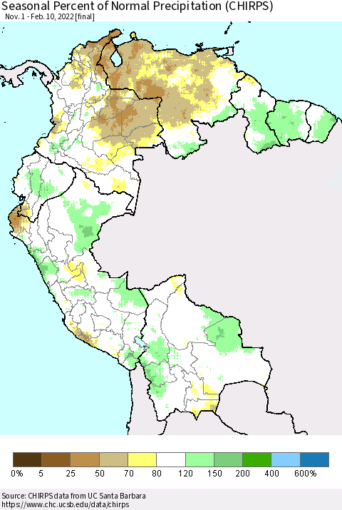 Northern South America Seasonal Percent of Normal Precipitation (CHIRPS) Thematic Map For 11/1/2021 - 2/10/2022