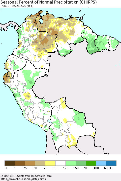 Northern South America Seasonal Percent of Normal Precipitation (CHIRPS) Thematic Map For 11/1/2021 - 2/28/2022