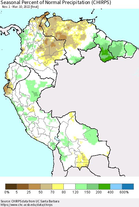 Northern South America Seasonal Percent of Normal Precipitation (CHIRPS) Thematic Map For 11/1/2021 - 3/10/2022