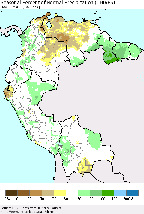 Northern South America Seasonal Percent of Normal Precipitation (CHIRPS) Thematic Map For 11/1/2021 - 3/31/2022