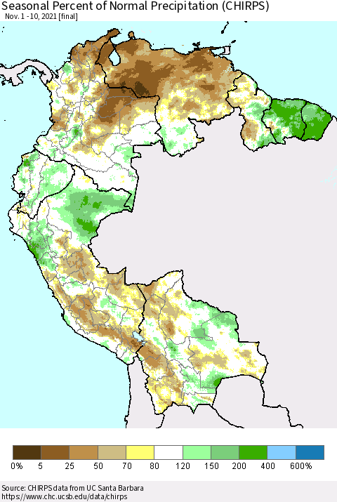Northern South America Seasonal Percent of Normal Precipitation (CHIRPS) Thematic Map For 11/1/2021 - 11/10/2021