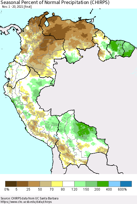 Northern South America Seasonal Percent of Normal Precipitation (CHIRPS) Thematic Map For 11/1/2021 - 11/20/2021