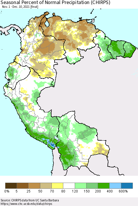 Northern South America Seasonal Percent of Normal Precipitation (CHIRPS) Thematic Map For 11/1/2021 - 12/10/2021