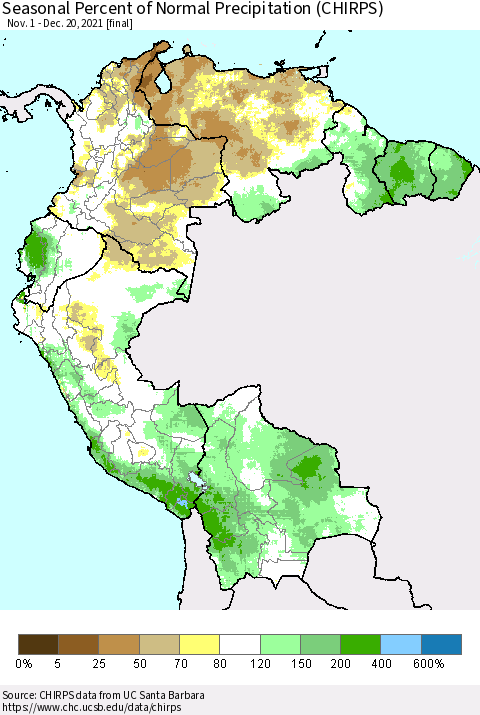 Northern South America Seasonal Percent of Normal Precipitation (CHIRPS) Thematic Map For 11/1/2021 - 12/20/2021