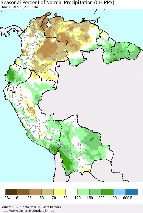Northern South America Seasonal Percent of Normal Precipitation (CHIRPS) Thematic Map For 11/1/2021 - 12/31/2021