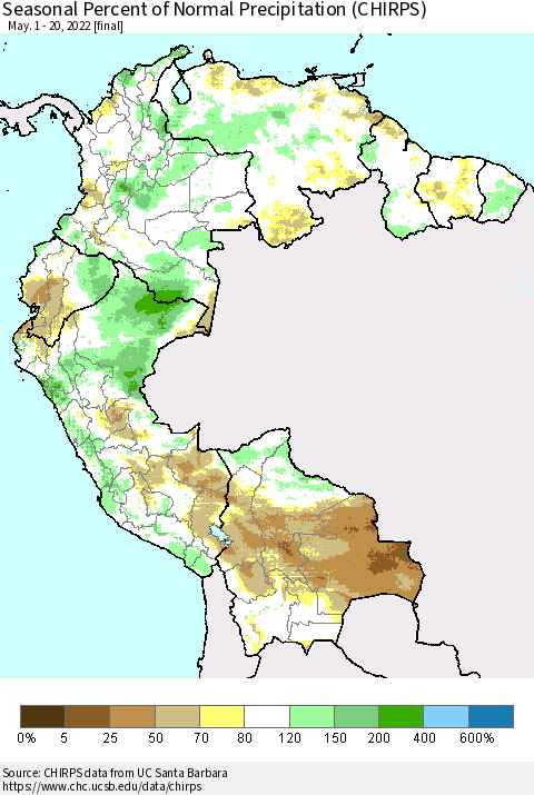 Northern South America Seasonal Percent of Normal Precipitation (CHIRPS) Thematic Map For 5/1/2022 - 5/20/2022