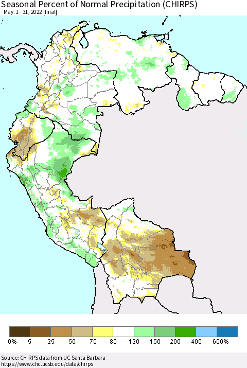 Northern South America Seasonal Percent of Normal Precipitation (CHIRPS) Thematic Map For 5/1/2022 - 5/31/2022