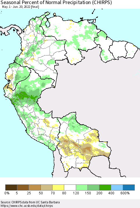 Northern South America Seasonal Percent of Normal Precipitation (CHIRPS) Thematic Map For 5/1/2022 - 6/20/2022