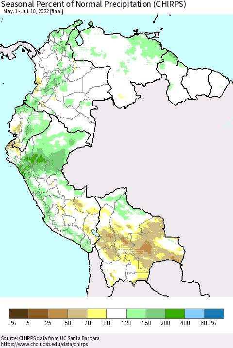 Northern South America Seasonal Percent of Normal Precipitation (CHIRPS) Thematic Map For 5/1/2022 - 7/10/2022
