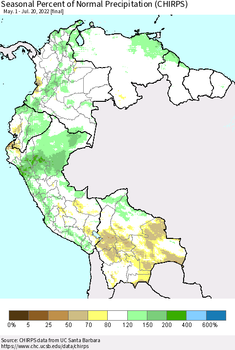Northern South America Seasonal Percent of Normal Precipitation (CHIRPS) Thematic Map For 5/1/2022 - 7/20/2022