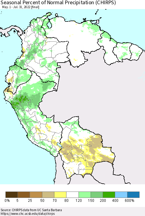 Northern South America Seasonal Percent of Normal Precipitation (CHIRPS) Thematic Map For 5/1/2022 - 7/31/2022