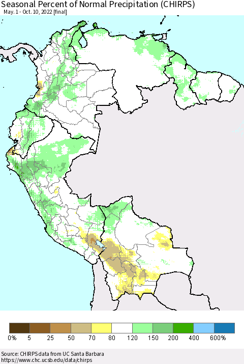 Northern South America Seasonal Percent of Normal Precipitation (CHIRPS) Thematic Map For 5/1/2022 - 10/10/2022