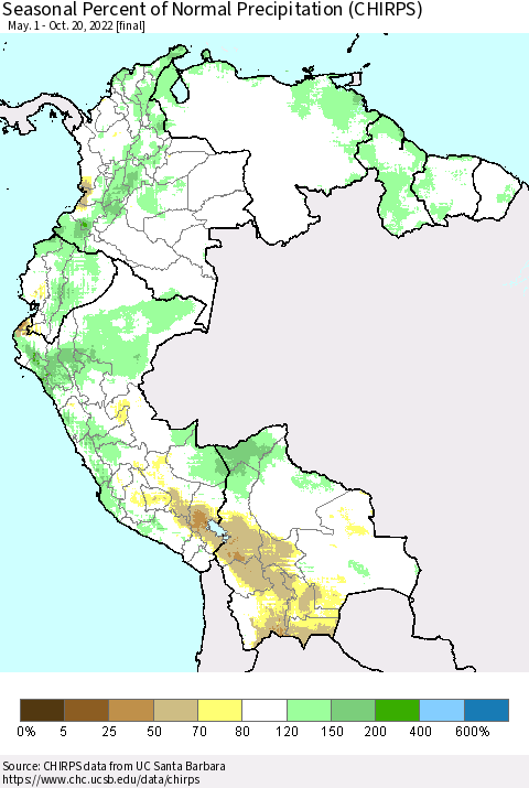 Northern South America Seasonal Percent of Normal Precipitation (CHIRPS) Thematic Map For 5/1/2022 - 10/20/2022
