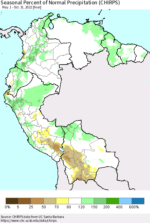 Northern South America Seasonal Percent of Normal Precipitation (CHIRPS) Thematic Map For 5/1/2022 - 10/31/2022