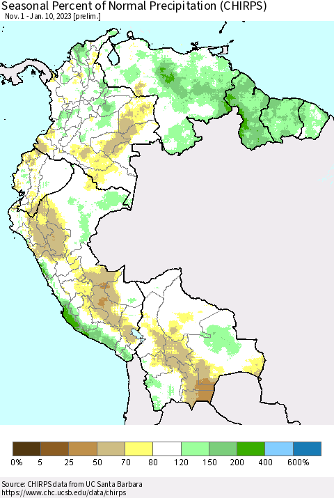Northern South America Seasonal Percent of Normal Precipitation (CHIRPS) Thematic Map For 11/1/2022 - 1/10/2023