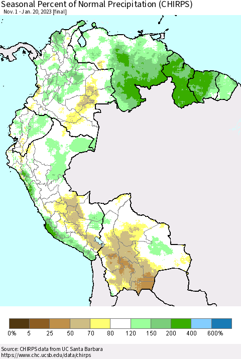 Northern South America Seasonal Percent of Normal Precipitation (CHIRPS) Thematic Map For 11/1/2022 - 1/20/2023