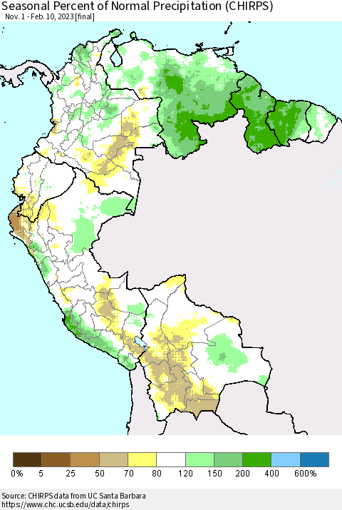 Northern South America Seasonal Percent of Normal Precipitation (CHIRPS) Thematic Map For 11/1/2022 - 2/10/2023