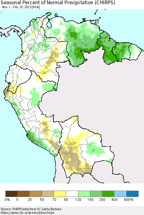 Northern South America Seasonal Percent of Normal Precipitation (CHIRPS) Thematic Map For 11/1/2022 - 2/20/2023