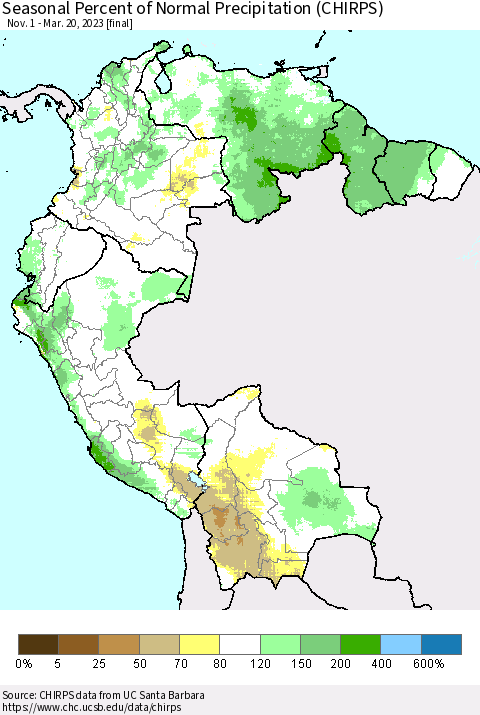 Northern South America Seasonal Percent of Normal Precipitation (CHIRPS) Thematic Map For 11/1/2022 - 3/20/2023