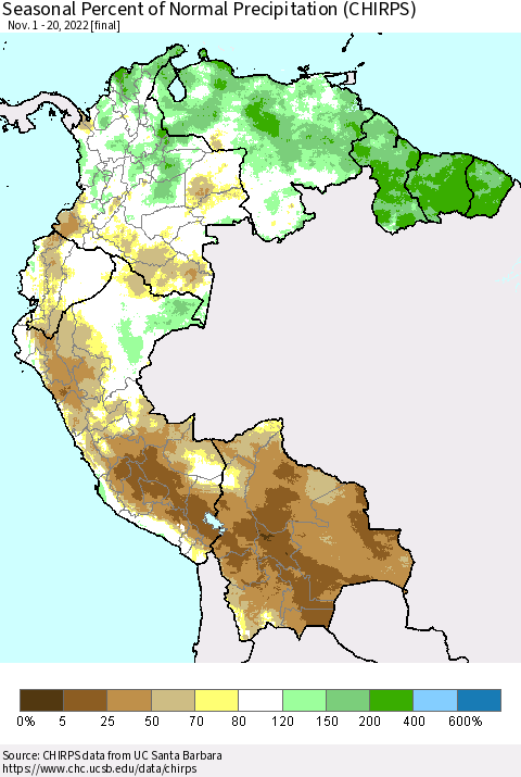 Northern South America Seasonal Percent of Normal Precipitation (CHIRPS) Thematic Map For 11/1/2022 - 11/20/2022
