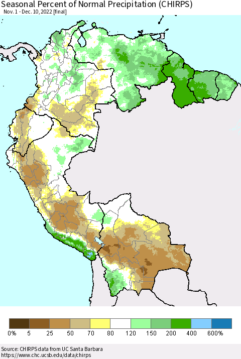 Northern South America Seasonal Percent of Normal Precipitation (CHIRPS) Thematic Map For 11/1/2022 - 12/10/2022