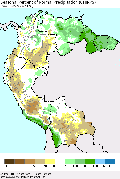 Northern South America Seasonal Percent of Normal Precipitation (CHIRPS) Thematic Map For 11/1/2022 - 12/20/2022