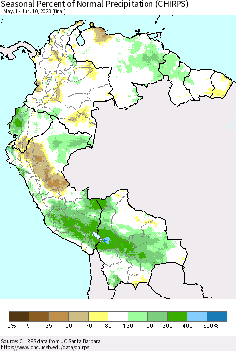 Northern South America Seasonal Percent of Normal Precipitation (CHIRPS) Thematic Map For 5/1/2023 - 6/10/2023
