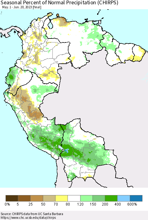 Northern South America Seasonal Percent of Normal Precipitation (CHIRPS) Thematic Map For 5/1/2023 - 6/20/2023