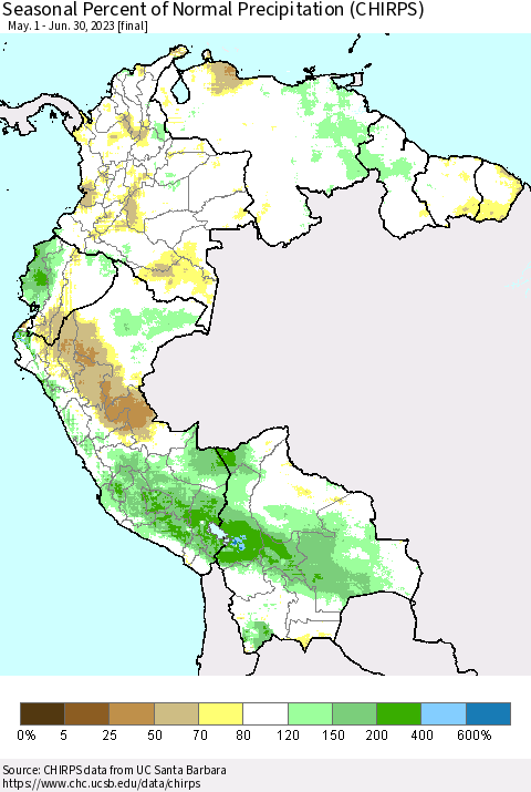 Northern South America Seasonal Percent of Normal Precipitation (CHIRPS) Thematic Map For 5/1/2023 - 6/30/2023
