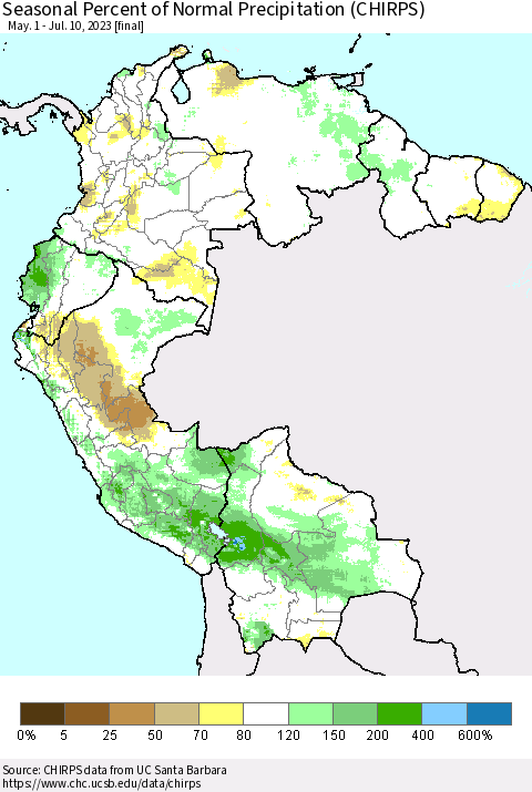 Northern South America Seasonal Percent of Normal Precipitation (CHIRPS) Thematic Map For 5/1/2023 - 7/10/2023