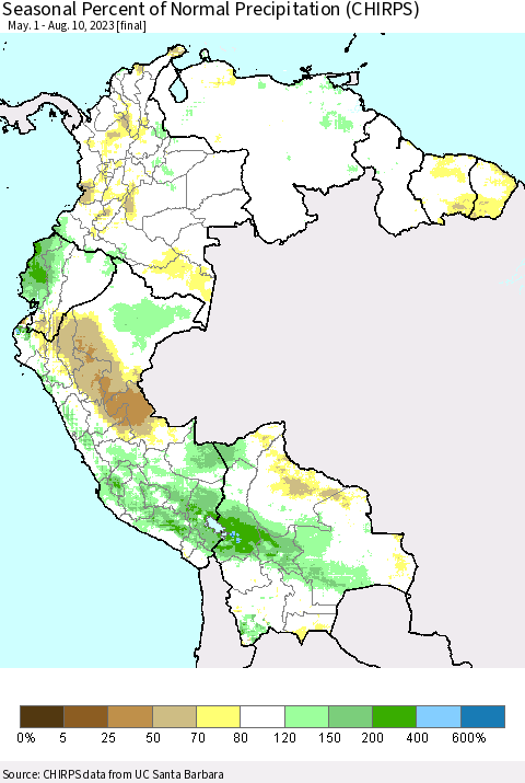 Northern South America Seasonal Percent of Normal Precipitation (CHIRPS) Thematic Map For 5/1/2023 - 8/10/2023