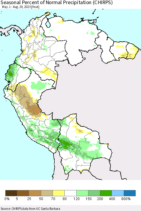 Northern South America Seasonal Percent of Normal Precipitation (CHIRPS) Thematic Map For 5/1/2023 - 8/20/2023