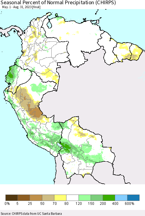 Northern South America Seasonal Percent of Normal Precipitation (CHIRPS) Thematic Map For 5/1/2023 - 8/31/2023