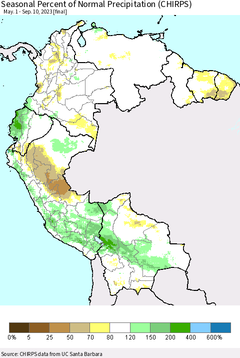 Northern South America Seasonal Percent of Normal Precipitation (CHIRPS) Thematic Map For 5/1/2023 - 9/10/2023