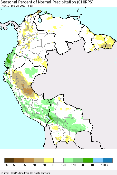 Northern South America Seasonal Percent of Normal Precipitation (CHIRPS) Thematic Map For 5/1/2023 - 9/20/2023
