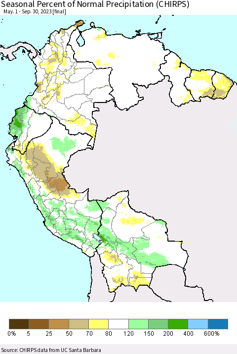 Northern South America Seasonal Percent of Normal Precipitation (CHIRPS) Thematic Map For 5/1/2023 - 9/30/2023