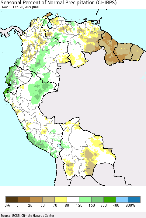 Northern South America Seasonal Percent of Normal Precipitation (CHIRPS) Thematic Map For 11/1/2023 - 2/20/2024