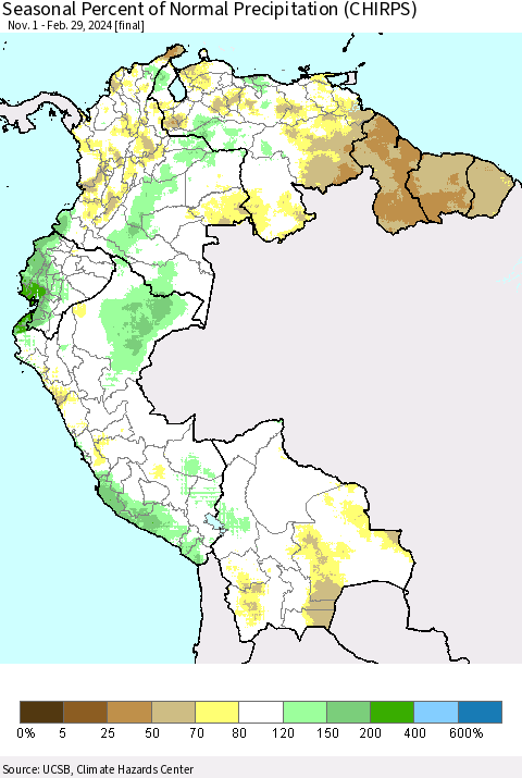 Northern South America Seasonal Percent of Normal Precipitation (CHIRPS) Thematic Map For 11/1/2023 - 2/29/2024