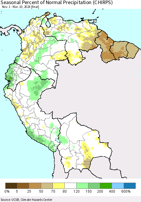 Northern South America Seasonal Percent of Normal Precipitation (CHIRPS) Thematic Map For 11/1/2023 - 3/10/2024