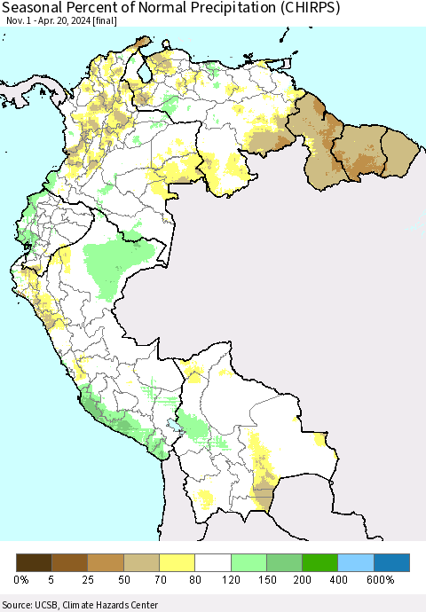 Northern South America Seasonal Percent of Normal Precipitation (CHIRPS) Thematic Map For 11/1/2023 - 4/20/2024