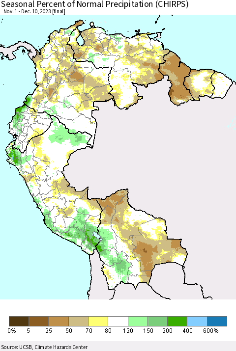 Northern South America Seasonal Percent of Normal Precipitation (CHIRPS) Thematic Map For 11/1/2023 - 12/10/2023