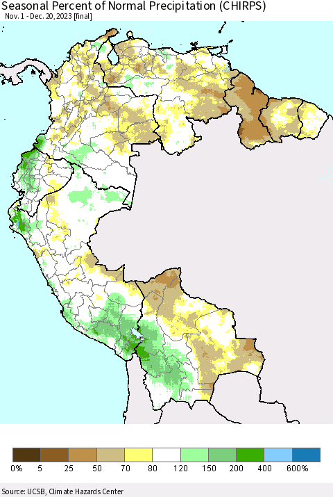 Northern South America Seasonal Percent of Normal Precipitation (CHIRPS) Thematic Map For 11/1/2023 - 12/20/2023