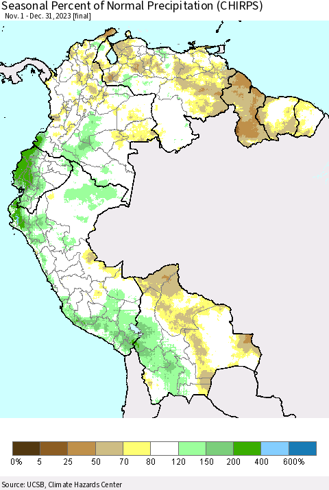 Northern South America Seasonal Percent of Normal Precipitation (CHIRPS) Thematic Map For 11/1/2023 - 12/31/2023