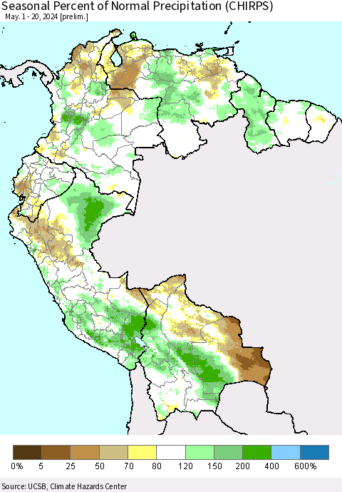 Northern South America Seasonal Percent of Normal Precipitation (CHIRPS) Thematic Map For 5/1/2024 - 5/20/2024