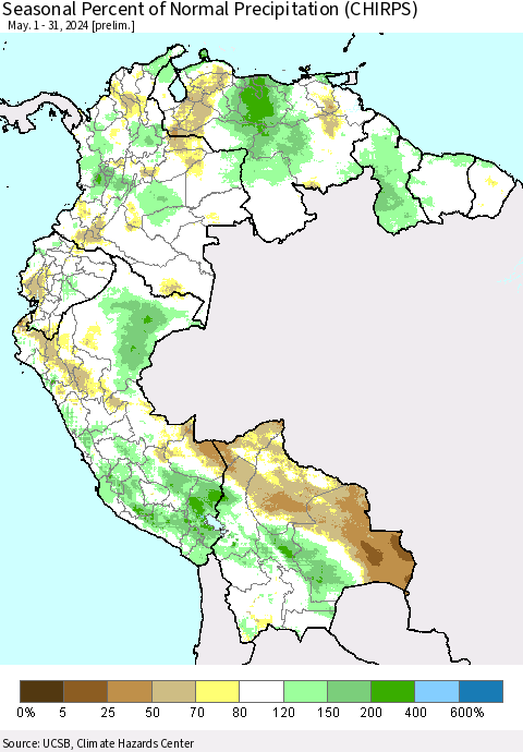 Northern South America Seasonal Percent of Normal Precipitation (CHIRPS) Thematic Map For 5/1/2024 - 5/31/2024