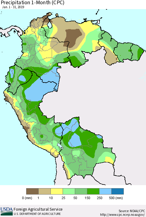 Northern South America Precipitation 1-Month (CPC) Thematic Map For 1/1/2019 - 1/31/2019