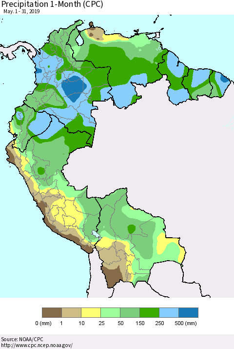 Northern South America Precipitation 1-Month (CPC) Thematic Map For 5/1/2019 - 5/31/2019