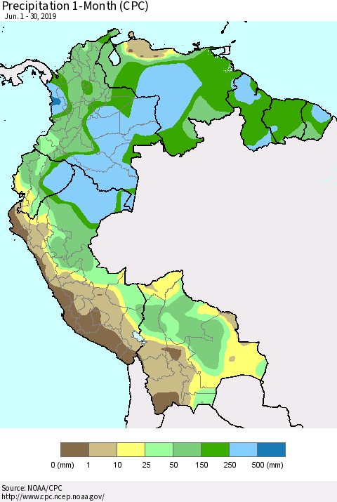 Northern South America Precipitation 1-Month (CPC) Thematic Map For 6/1/2019 - 6/30/2019