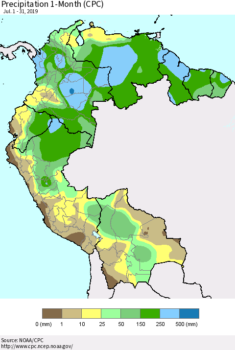 Northern South America Precipitation 1-Month (CPC) Thematic Map For 7/1/2019 - 7/31/2019